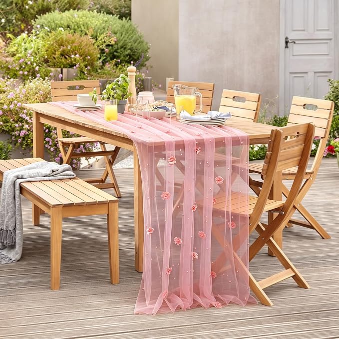 BINBE Flower Pearl Table Runner Spring Summer Rustic Boho 10ft Tulle Table Runner for Baby Shower Wedding Veil Holiday Dessert Table Decor Pink