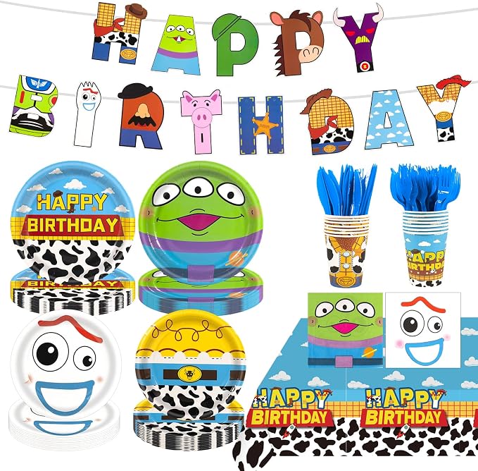 182pcs Toy Theme Party Supplies Include Cloud Plates Napkins Cups Banner Tablecloth Disposable Paper Tableware Set for Toy Birthday Party Decorations,Serve 30 Guests