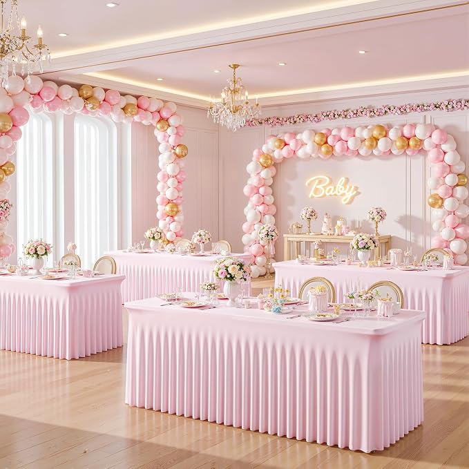 6 Pack 8ft Pink Spandex Table Cloths for Rectangle Tables Wrinkle Free Pink Rectangle Tablecloths Stretch Fitted Table Cover with Skirt for Baby Shower Girl Birthday Party Wedding Banquet Buffet