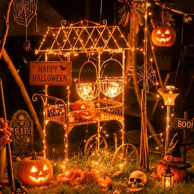 QITONG 4 Pack Solar Halloween Lights, Each 33ft 100 LED Orange Fairy Light Outdoor Waterproof, 8 Modes Silver Wire Christmas Twinkle Mini String Lights