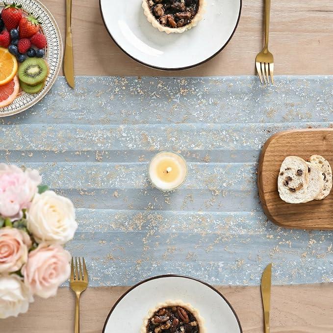 Artoid Mode 6PC Gold Gauze Light Blue Table Runner 120 Inch 10FT, Glitter Metallic Foil Sheer Dining Wedding Anniversary Holiday Birthday Table Decor for Home Party