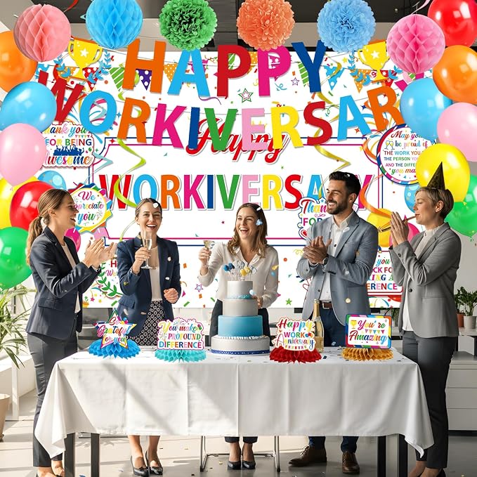 Happy Work Anniversary Decorations, 31PCS Colorful Workiversary Party Decoration Set for Employee Office, Pre-Strung Banner Backdrop Hanging Swirl Honeycomb Centerpiece Balloons Paper Poms