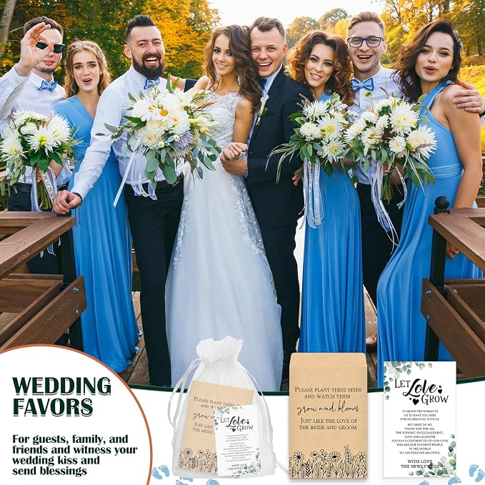 Ctosree 100 Set Wedding Favors for Guests Bulk Include 100 Pcs Self Adhesive Seed Packets Kraft Paper Seed Envelopes Let Love Grow Cards and Organza Gift Bags for Bridal Shower(Classic)