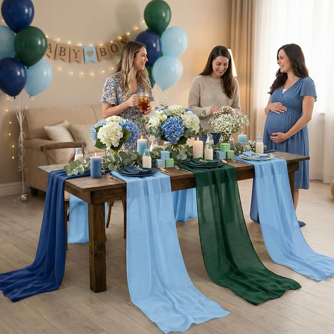 Boao 6 Pcs Blue and Green Party Decorations Table Runner Cloth 10Ft Boho Sheer Rustic Fabric for Wedding Birthday Party Baby Bridal Shower Graduation Dawn Sunset Decor