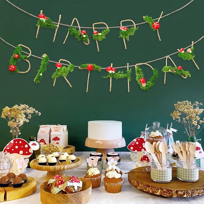 Norme Moss Birthday Party Decorations Banner Mushroom Birthday Decorations Metal 3D Plant Moss Theme Fairy First Birth Decor Sign Garland for 16 21st 30th 40th 50th 60th 70th