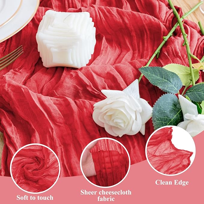 Wokceer Cheesecloth Table Runner 2Pack 10FT Red Boho Gauze Easter Christmas Cheese Cloth Table Runner for Party Thanksgiving Long Rustic Sheer Table Runners for Baby Bridal Shower Wedding Table