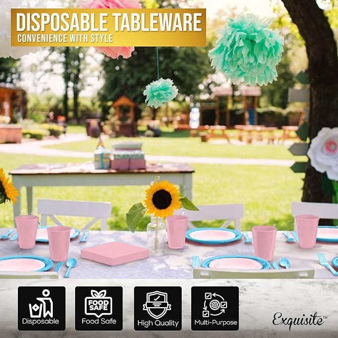 350 Pcs Gender Reveal Plastic Plates For Party, Gender Reveal Disposable Plates Set, 50 Of Each 9" Dinner Plate Set, 7" Dessert Plate, Cups, Napkins & Cutlery Plastic Dinnerware Exquisite