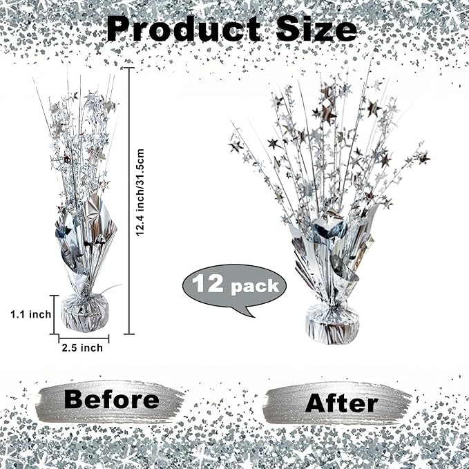 12 Pcs Metallic Foil Spray Centerpiece Party Star Table Decoration Brust Glitter Table Topper Decor for Birthday Graduation Holiday Christmas Dining Celebration New Year Party Supplies,Silver