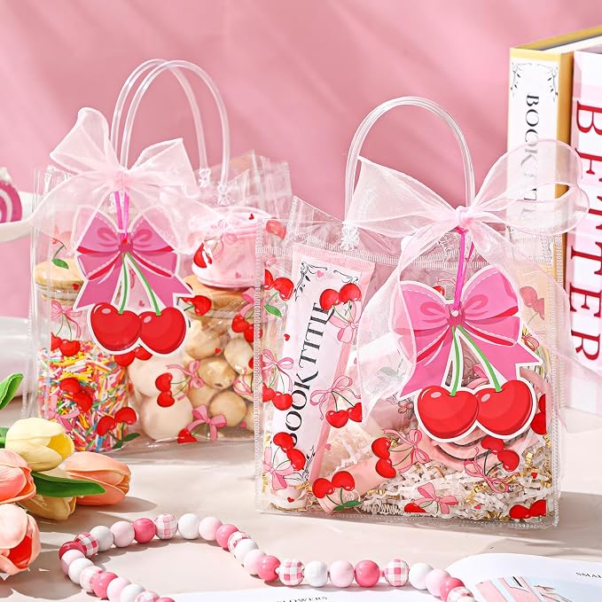 Hosuly 24 Pcs Cherry Clear Gift Bags with Ribbon Roll Cherry Transparent PVC Goodie Bags Bulk Pink Bow Reusable Treat Pouches for Wedding Birthday Baby Shower Y2k Party Supplies