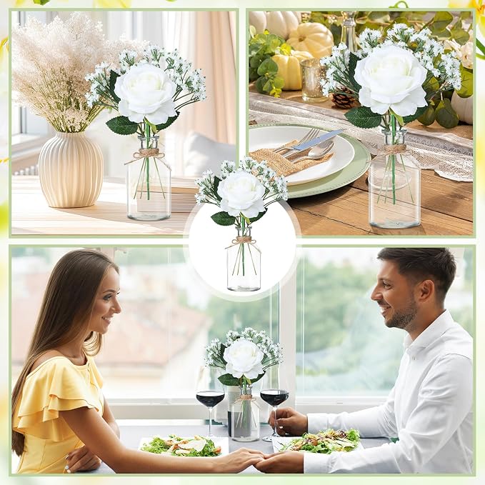 10 Set Glass Bud Vases Centerpiece with Artificial Flowers for Table Decor 10 Small Clear Glass Vase 10 White Roses 30 Baby Breath for Wedding Bridal Shower Home Rustic Farmhouse Decor