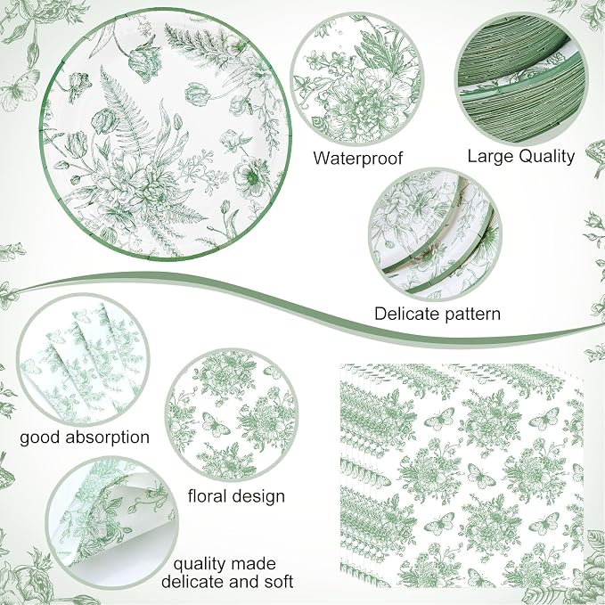 Funnymoom 400 Pcs Sage Green Floral Party Supplies for 50 Guests White Green Flower Disposable Plates Napkins Cups Spoons Forks Knives for Wedding Tea Party Bridal Baby Shower