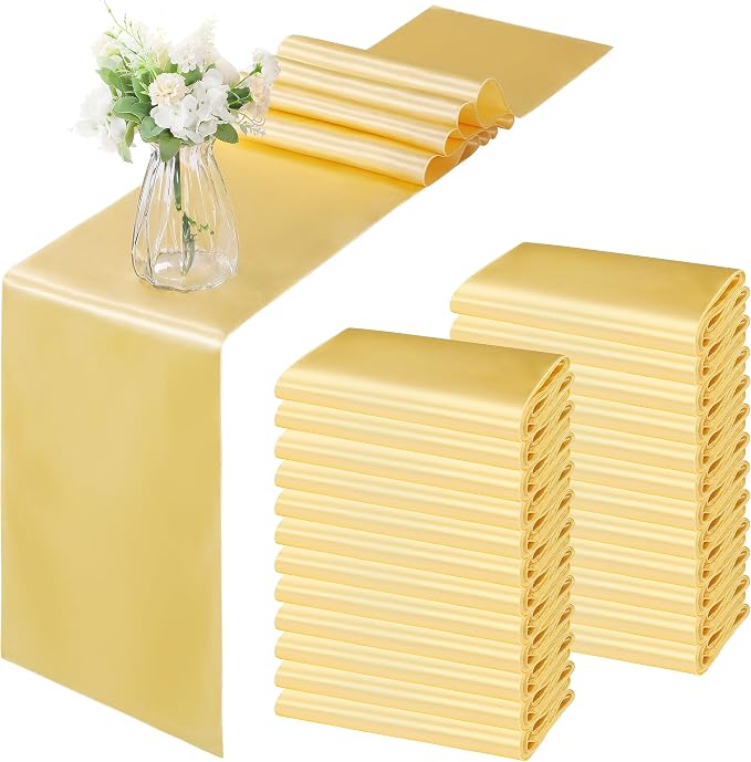Horbaunal 24 Pack Light Gold Satin Table Runner 12 x 108 Inch, Smooth Table Runners for Wedding Banquets Birthday Party