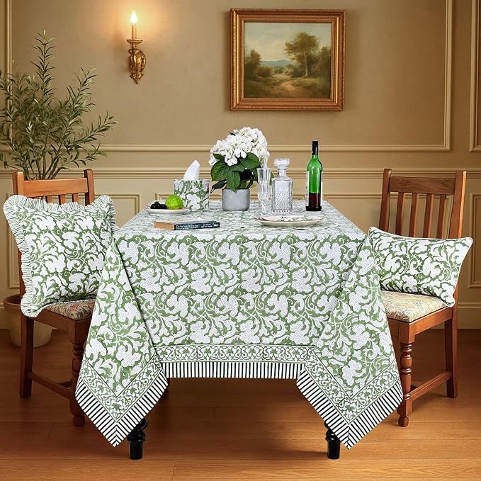 Ridhi Sage Green Hand Block Print Cotton Rectangle Tablecloth 140" x 72" inches Reusable Table Cover Decorative Everyday Use for Dining Room, Farmhouse, Home Gift for Spring, Mother's Day