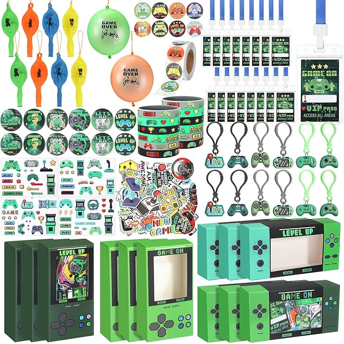 147 Pcs Video Game Party Favors for Kids Gamer Goodie Bag Stuffers Gaming Birthday Party Supplies with Gift Boxes, VIP Pass, Balloons, Bracelets, Keychains, Badges, 3D Stickers (Green)