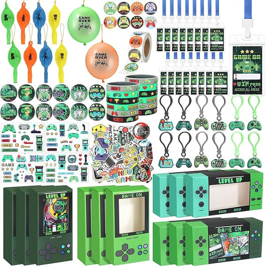 147 Pcs Video Game Party Favors for Kids Gamer Goodie Bag Stuffers Gaming Birthday Party Supplies with Gift Boxes, VIP Pass, Balloons, Bracelets, Keychains, Badges, 3D Stickers (Green)