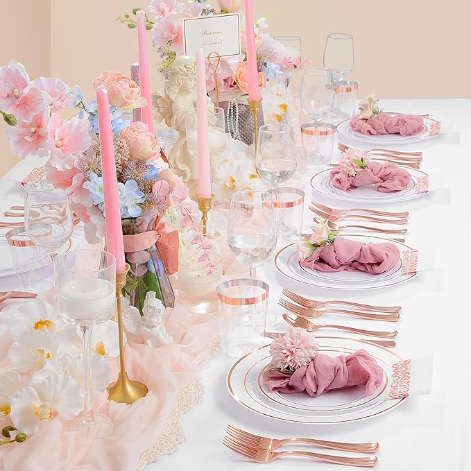 Supernal 400pcs Rose Gold Plastic Plates Disaposable Heavy Duty included Disposable Utensils& Plastic Party Plates Disaposable Party Cups and Napkins Sets for Valentine's Day Mother's Day and Easter