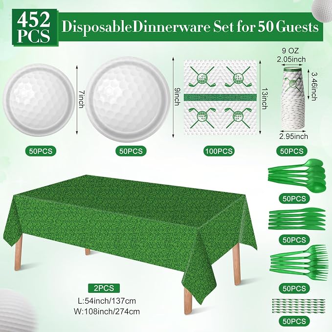 Potchen 452 Pcs Party Supplies Serve 50 Guests, Paper Plates Napkins Cups Cutlery Plastic Tablecloth Dinnerware for Birthday Wedding Party Decoration (Green and White, Golf)