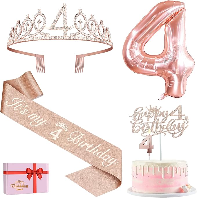 4th Birthday Decorations for Girls, Including 4th Birthday Sash and Tiara, Cake Topper and Candle, Number Balloon, 4 Year Old Gifts for Girls