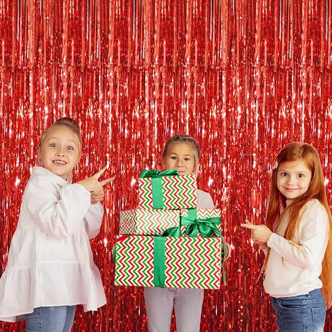 GOER 3.2 ft x 9.8 ft Metallic Tinsel Foil Fringe Curtains Party Photo Backdrop Party Streamers for Birthday,Graduation,New Year Eve Decorations Wedding Decor (5 Packs,Red)