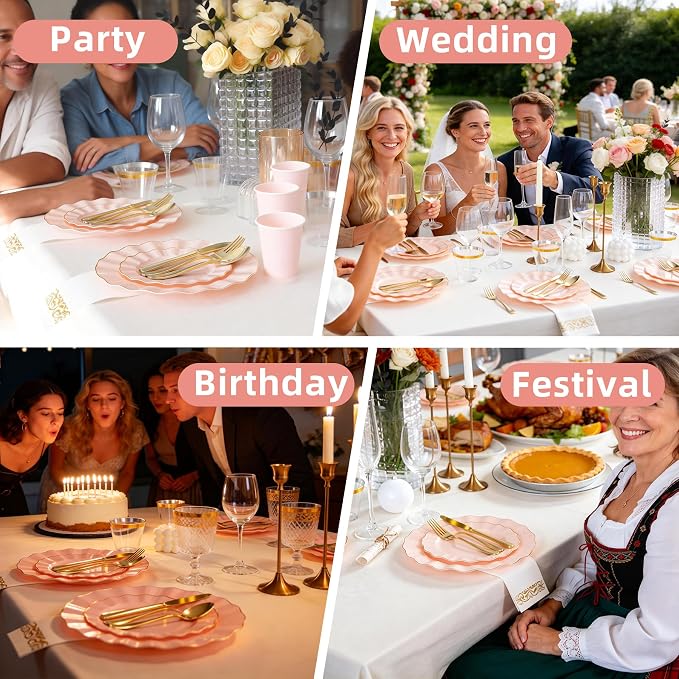 175PCS Gold and Pink Plastic Dinnerware Set, Plastic Party Plates for 25 Guests, 50 Disposable Plates, 25 Heavy Duty Silverware, 25 Cups, 25 Napkins for Party and Wedding