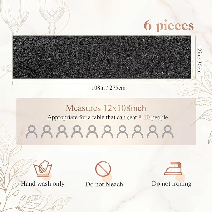 Newwiee 54 Pcs Black Sequin Chair Sashes and Table Runners, 48 Sequin Chair Bows, 6 Glitter Table Runners for Birthday Party Wedding Banquet Holiday Decorations
