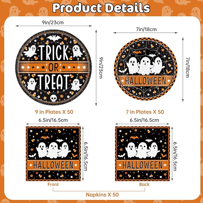 150 Pcs Happy Halloween Plates and Napkins Set - Trick or Treat Ghost Paper Tableware, Disposable Dinner Dessert Paper Plates Napkins Kit for Halloween Table Decorations Party Supplies, Serve 50