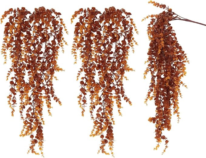 RECUTMS 3Pcs 31.5" Artificial Monkey Hanging Plants Fake Hanging Vine Plant | UV Resistant,Fake Brown Vine,Faux Eucalyptus Leaves Greenery for Fall Wall Garden Porch Outdoor Wedding Courtyard Decoration