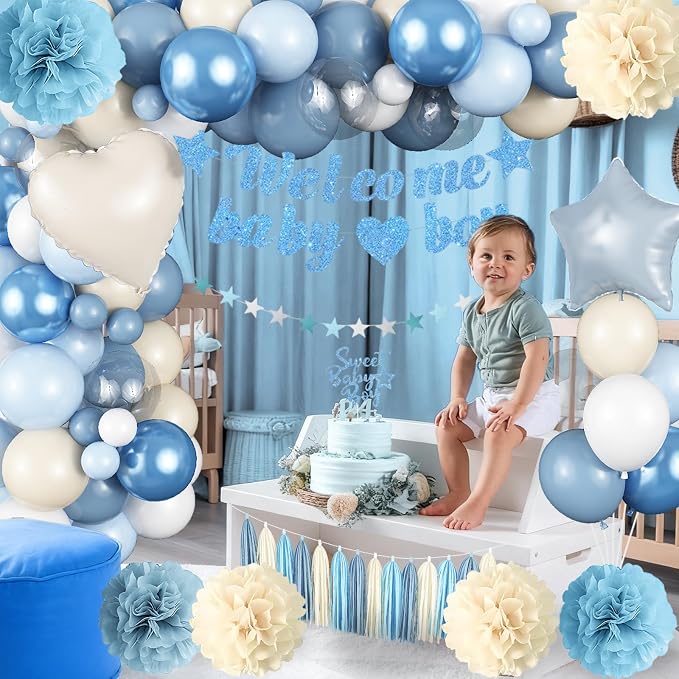 Dusty Blue Baby Shower Decorations for Boy, Welcome Baby Boy Banner Slate Light Metallic Blue White Sand Latex Balloons with Pom Poms Cake Topper Tassel for Boho Baby Shower Birthday Party Supplies