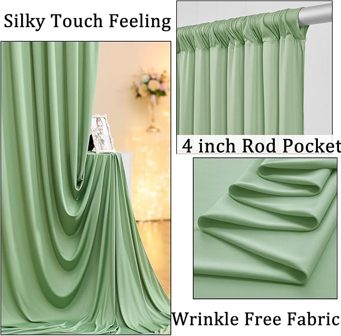 NSSONBEN 40ft x 10ft Wrinkle Free Sage Green Backdrop Curtains for Parties, 8 Panels 5x10ft Thick Fabric Photo Backdrop Drapes for Wedding Party Background Birthday Decoration