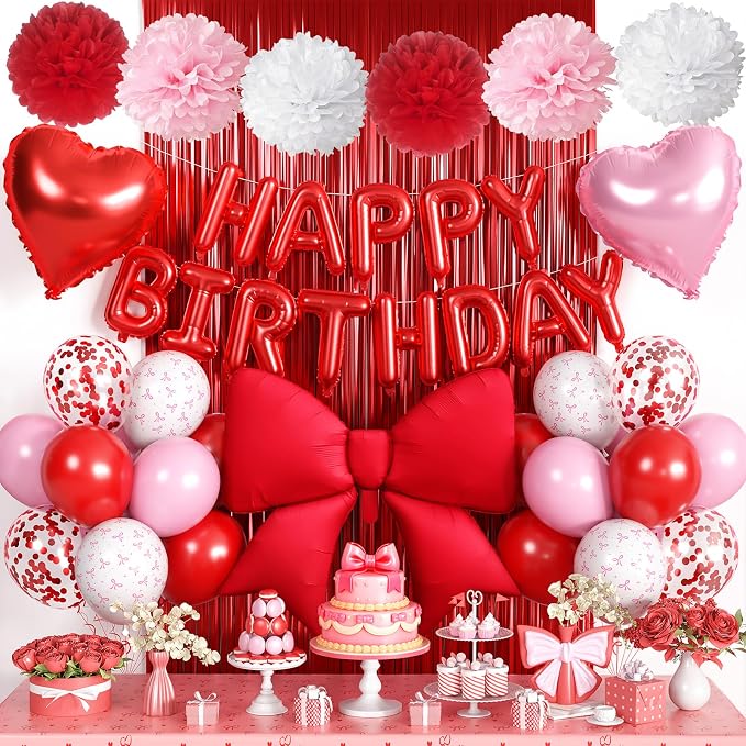 Red Pink Bow Birthday Decorations for Women Girls, Happy Birthday Balloon Banner with Bow and Heart Foil Balloons Fringe Curtain Tissue Paper Pompoms Garland Party Supplies