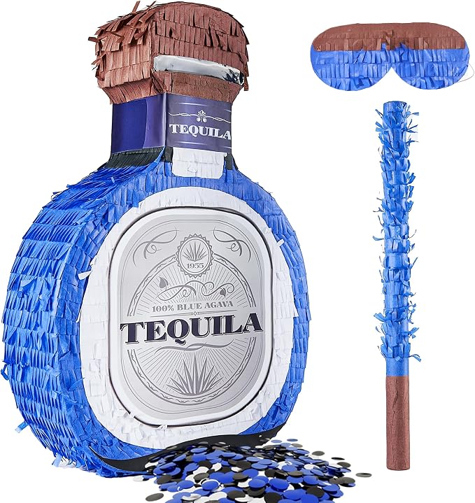 Adult Tequila Piñata with Blindfold, Confetti, and Wood Stick, Funny Piñata for Adults,21st, Mexican Theme Party Decorations(16 x 12 x 3.5 Inches)