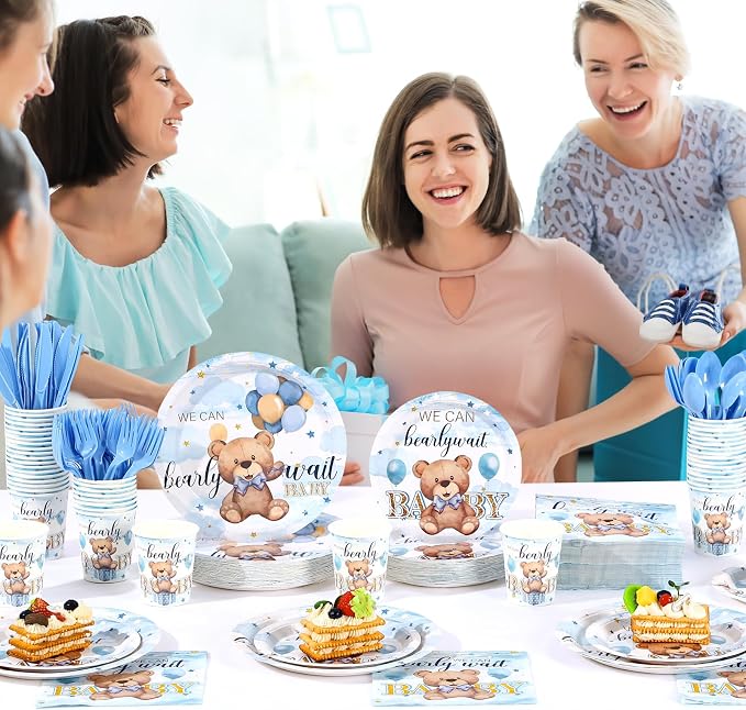 Dandat 350 Pcs Baby Shower Plates Set Baby Shower Party Supplies Serves 50 Tableware Sets Include Plates Napkin Cup Forks Knives Spoons Disposable Dinnerware(Bear,Blue)