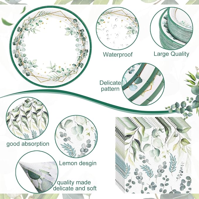 Funnymoom 452 Pcs Sage Green Party Decorations for 50 Guests, Eucalyptus Theme Paper Plates Napkins Cups Tablecloth Cutlery Straws for Bridal Baby Shower Birthday Wedding Party Decorations Supplies