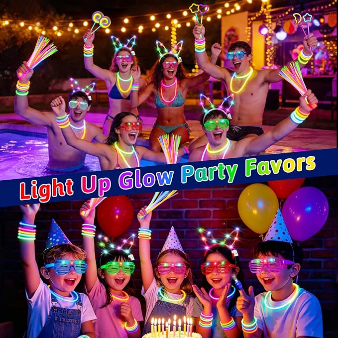 156Pcs Glow In The Dark Party Supplies for Kids/Adults, 4th of July Light Up Accessories LED Bracelet Necklaces Glasses Headband Glow Sticks Bulk Party Pack Neon Disco Birthday Pool Party Decorations