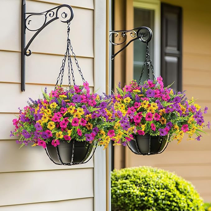 Alupssuc 24 Bundles Artificial Flowers for Outdoors Planters Spring Decoration, UV Resistant Faux Eucalyptus Violet and Lavender Silk Fake Plants for Outside Indoor Yard Home Patio Decor, Mix 3 Colors
