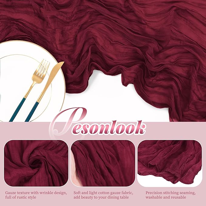 12 Pack Burgundy Cheesecloth Table Runner, 10FT Cheesecloth Rustic Boho Table Runner Long Romantic Semi Sheer Table Runner for Wedding Baby Shower Birthday Bridal Party Decorations(21.5×120 Inch)