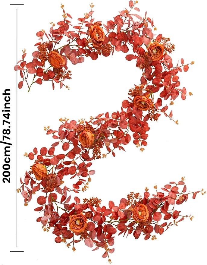 PARTY JOY 6.56ft Fall Decor Orange Eucalyptus Garland with Flowers 8 Orange Roses, Fall Garland Artificial Fake Flowers Floral Vines for Autumn Decor Fall Decorations for Home Indoor Outdoor