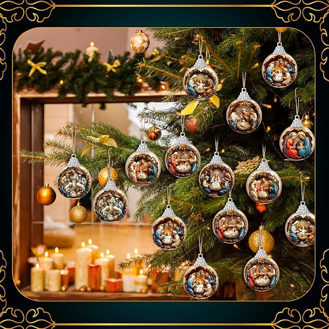 Outus 16 Pcs Christmas Nativity Scene Ornaments Ball for Tree Religious Christmas Tree Nativity Scene Hanging Ornaments The Birth of Jesus Decor Christian Religious Gifts for Christian Family