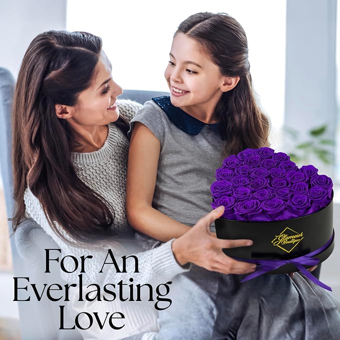 GLAMOUR BOUTIQUE 27 Flower Forever Heart Shape Box, Mothers Day Gift For Mom, Eternal Preserved Roses Gift for Her, Flowers bouquet, For Birthday, Anniversary, Girlfriend - Purple (Color-Treated)
