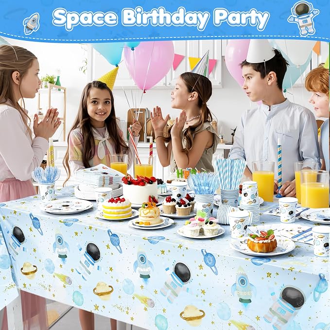 Potchen 452 Pcs Party Supplies Serve 50 Guests, Paper Plates Napkins Cups Cutlery Plastic Tablecloth Dinnerware for Birthday Wedding Party Decoration (Baby Blue, Space)