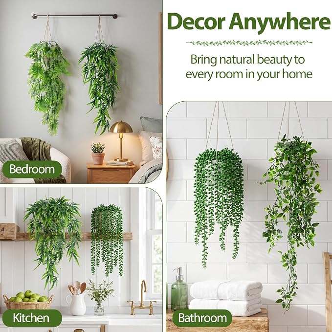 Daifunli 12 Pcs Artificial Hanging Plants Fake Hanging Ferns Plastic Fake Plant for Wall Room Garden Garland Indoor Outdoor Decor No Basket (Palm,Mandala,String of Pearls,Maple Leaf)