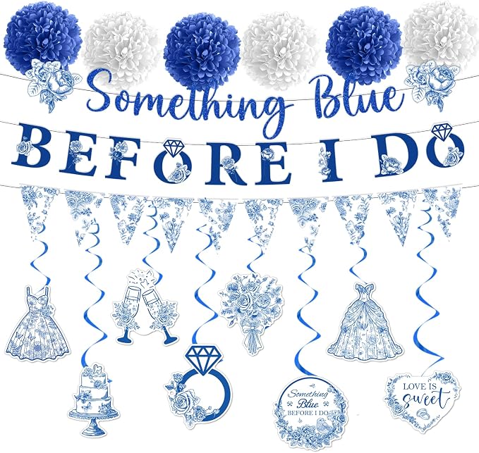Rakuto Something Blue Before I Marry Bridal Shower Decorations, Something Blue Before I Say I Do Banners Hanging Swirls and Paper Pom Poms, Bachelorette Party Decorations