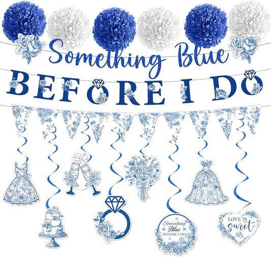 Rakuto Something Blue Before I Marry Bridal Shower Decorations, Something Blue Before I Say I Do Banners Hanging Swirls and Paper Pom Poms, Bachelorette Party Decorations