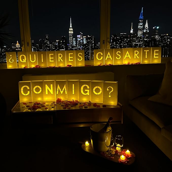 WYMM “QUIERES CASARTE CONMIGO?” Marry Me Light Up Letters in Spanish Will You Marry Me Sign Romantic Proposal Decorations with Tea Lights Candles and Rose Petals
