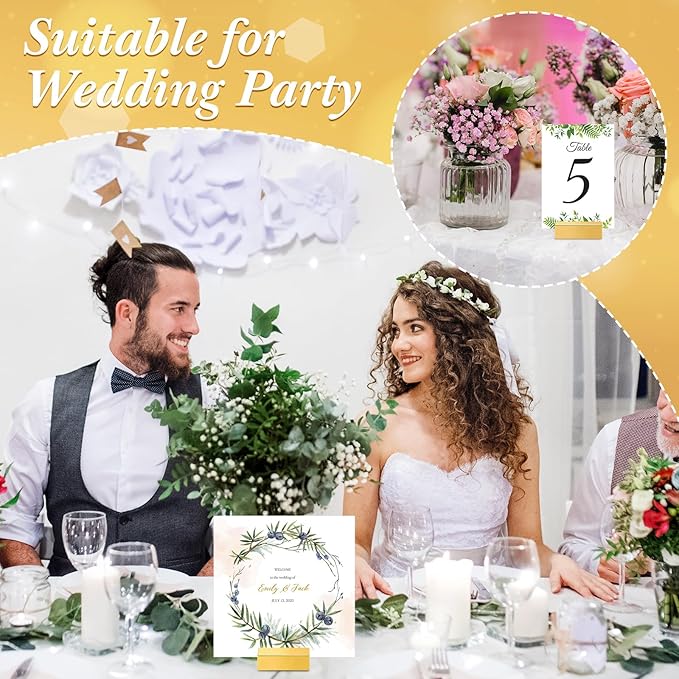 Maitys 50pcs Gold Table Number Holders Wooden Place Card Holders 1.97inch Square Wooden Menu Display Stands for Wedding Fall Thanksgiving Party Decoration, Restaurant Banquet Events