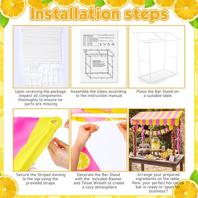 7 Pcs Lemonade Stand Supplies Lemonade Bar Party Decoration with 1 Set Plastic Stand 1 Yellow and Pink Striped Sunshade Cloth 4 Yellow and Pink Tinsel 1 Banner for Outdoors Summer Party Supplies