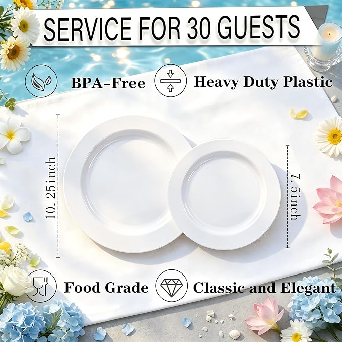 FLOWERCAT 60PCS White Plastic Plates - Heavy Duty White Disposable Plates for 4th of July/Birthday Party/Wedding -serve for 30 guests Include 30PCS 10.25" & 30PCS 7.5" Plates for Summer Party