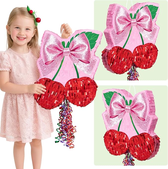 WERNNSAI Cherry Piñata - Pink Bow Party Decorations Cherry Bow piñata with Blindfold and Stick for Girls Coquette Birthday Decorations Princess Bridal Shower Bachelorette Wedding Supplies