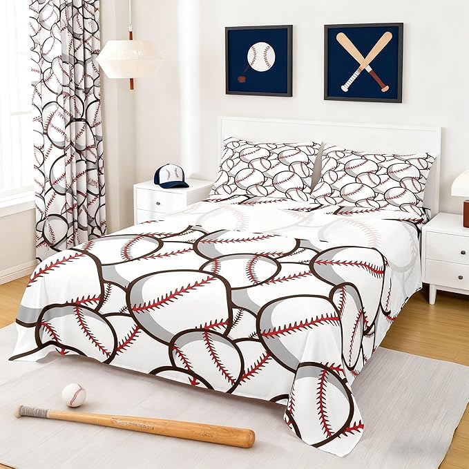 Castle Fairy Baseball Fitted Sheet Set King Size 4 Pcs,3D Baseball Boys Young Man Ball Sports Game,Bedding Sets (1 Fitted,1 Flat,2 Pillowcases) Luxury Deep Pocket Bed Sheets