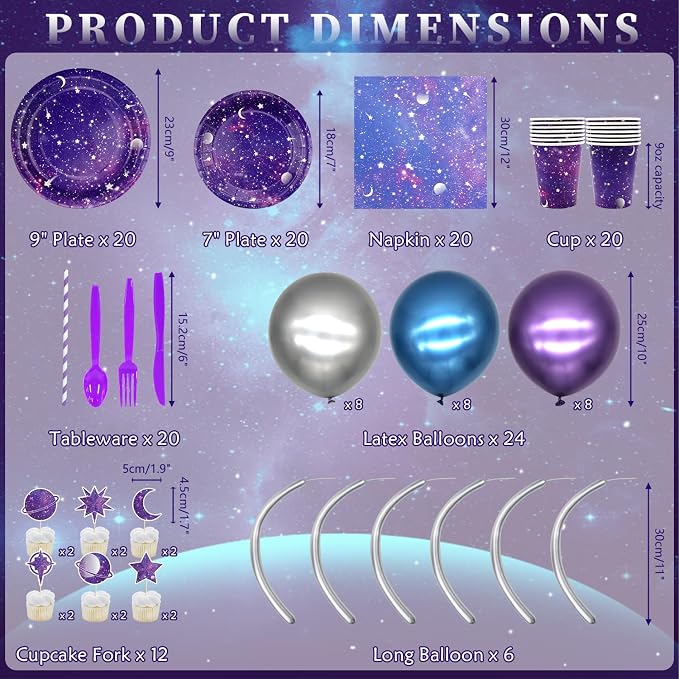 Space Galaxy Party Supplies Tableware Set, Includes Banner, Plates, Cupcake Topper Napkins, Cups,Tablecloth, Balloons, Foil Balloons, for 20 Guests Galaxy Outer Space Theme Birthday Party Decoration